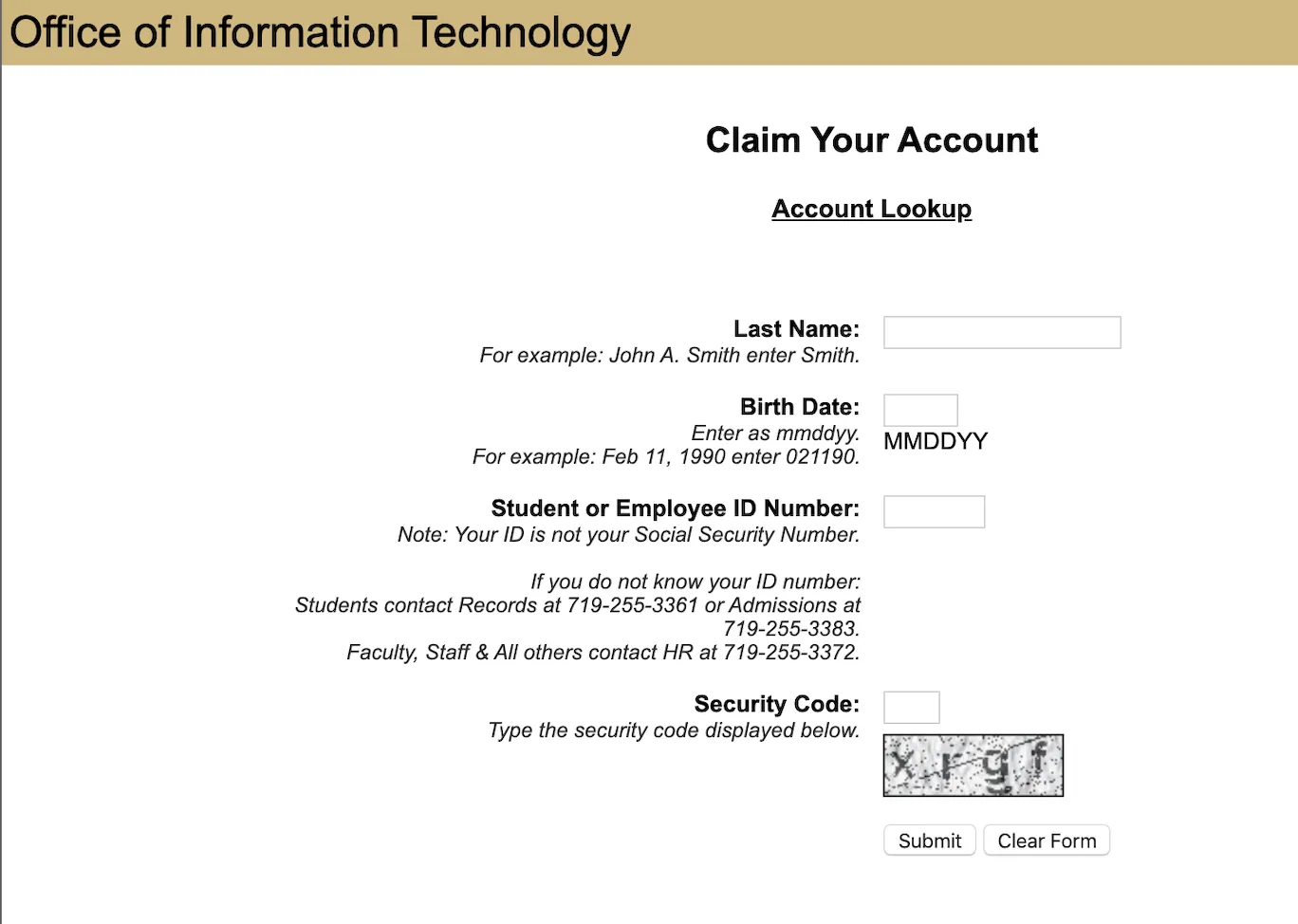 A screenshot of of the "Claim your Account" page, which asks for Last Name, Birth Date, Student/Employee Number, and a security code Captcha.