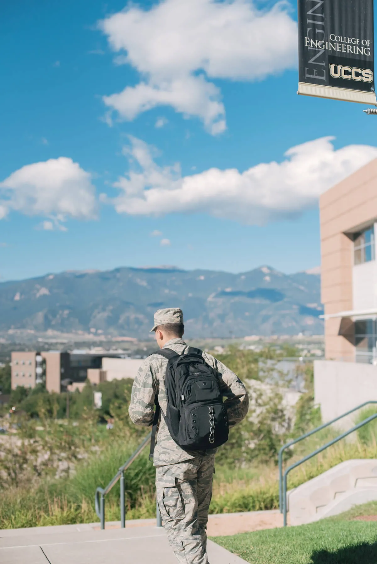 Military Student walking around campus.